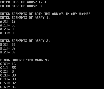 merge two unsorted arrays output